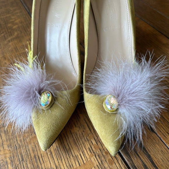 J Crew suede leather and fur pointy yellow pumps shoes size 5.5/6 - Picture 2 of 6